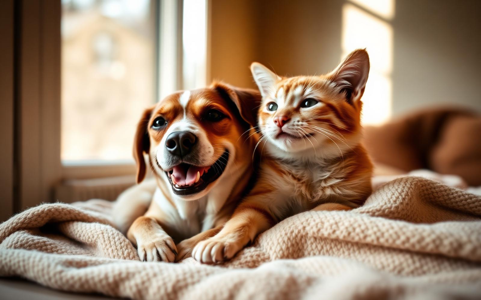 A rescued dog and cat cuddling together at RAIN Rescue
